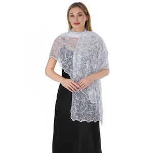 Elegant white mesh shawl with phoenix tail embroidery and silver sequins for evening wear.