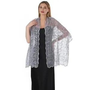 Elegant grey lace shawl with sequin embroidery for wedding and evening parties.