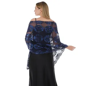 Elegante scialle blu navy con fiori di paillettes ricamati per abiti da sera e matrimoni