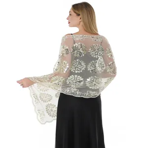 Elegant beige sequined floral embroidered shawl for evening gowns and parties.