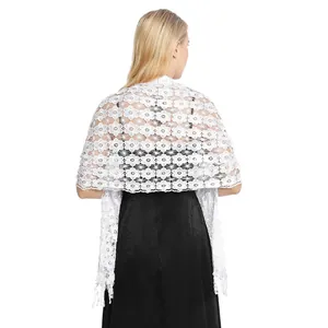Back view of white embroidered floral lace shawl with fringe for evening party dresses