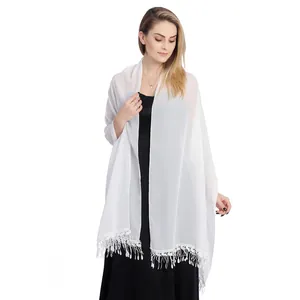 Elegant white chiffon shawl with intricate lace trim and fringe detail for brides