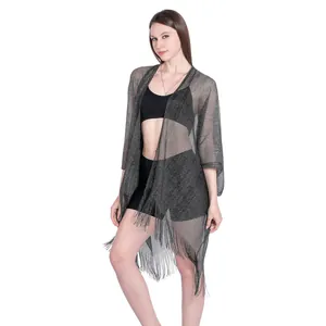 Elegant sheer metallic yarn bikini cover-up with stylish fringe hem and open front design
