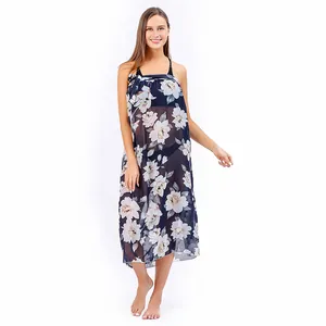 Elegant navy blue floral sheer chiffon beach sarong cover-up wrap for bikini and sunscreen