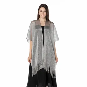 Silver metallic sparkling fringe shawl wrap elegant cover up for evening dresses