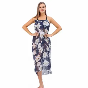 Elegant floral print chiffon beach cover-up sarong wrap dress for women swimwear