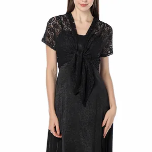 Detailed view of women's black floral lace bolero shrug with front tie design
