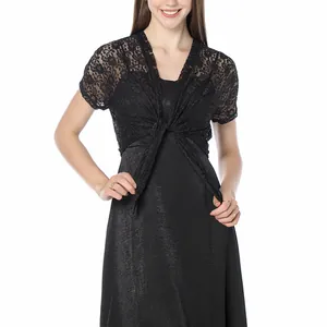 Detailed view of an elegant black floral lace bolero shrug with tie-front on a model.