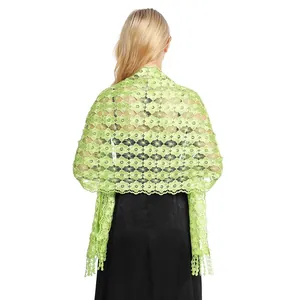 Elegant green floral lace shawl with fringe for evening party dresses and weddings