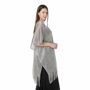 Silver metallic lurex shawl with fringe and side slit, perfect for formal dresses
