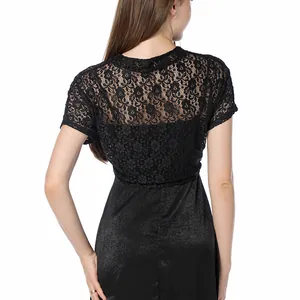 Back view of a black floral lace shrug bolero for evening dresses and cheongsams.