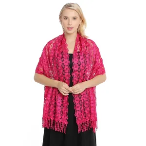 Elegant hot pink floral lace shawl with tassel fringe for evening dresses.