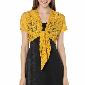 Women's Plus Size Lace Shrug Cardigan Floral Hollow Out Sheer Bolero With Tie Front Short Sleeve For Cheongsam Evening Dress