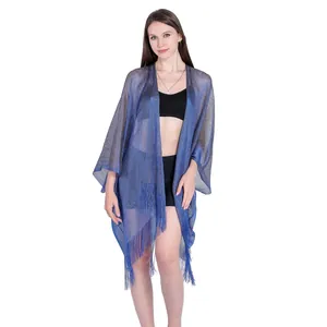 Blue shimmery metallic shawl with tassels and side slits for beach bikini cover-up