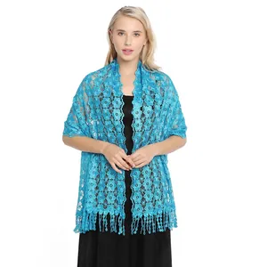 Elegant sky blue embroidered floral lace shawl with fringe for evening party dresses.