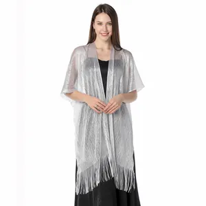 Elegant metallic silver lurex shawl with delicate fringe trim and shimmering finish