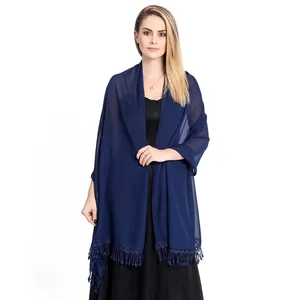 Elegant navy blue chiffon shawl with lace fringe detail for evening dresses