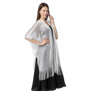 Silver metallic thread shawl with fringe detail, elegant wrap for evening dresses and gowns.