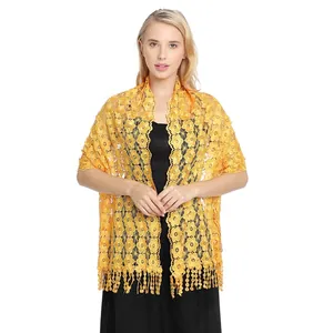 Elegant yellow floral lace shawl with tassels for formal evening wear