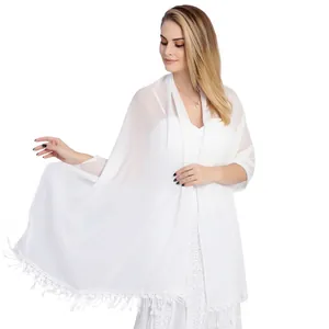 Detailed view of the elegant white chiffon shawl with intricate lace fringe trim