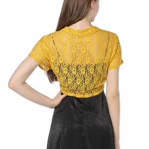 Detailed back view of a bright yellow floral lace shrug for plus size women evening wear