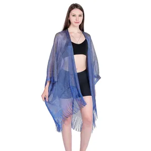 Sparkling blue metallic thread kimono cover-up with fringe detail for beach holidays