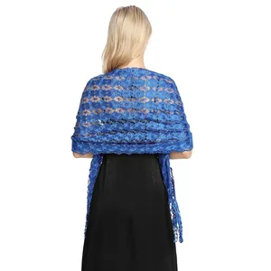 Rear view of a royal blue floral lace shawl for evening dresses and formal parties