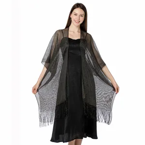 Elegant Women Metallic Lurex Shawl With Fringe Tassels Shiny Evening Wrap For Formal Gown Cheongsam Polyester Jacquard Shawl