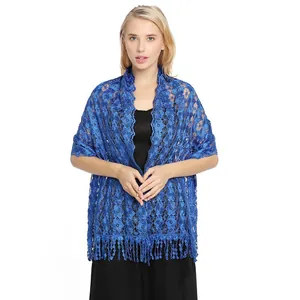 Elegant royal blue lace embroidered evening party shawl scarf with fringe tassels