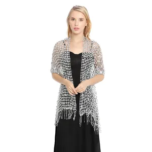 Elegant silver sequined shawl with long fringe detail for evening party dresses