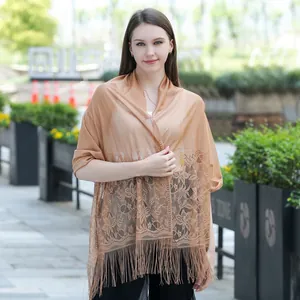 Elegant camel floral lace shawl with fringe for bridal bridesmaid or evening wear
