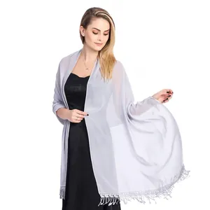 Elegant light grey lace trim chiffon shawl wrap for bridal bridesmaid evening party dresses