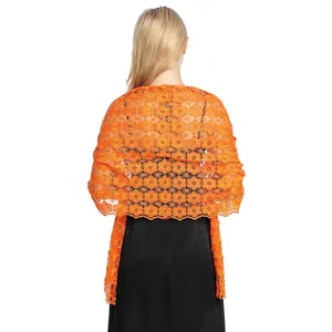 Detailed back view of an orange floral lace shawl, perfect for elegant evening gowns and parties