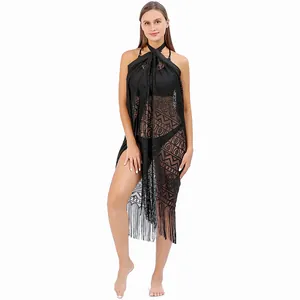 Sexy black lace beach cover-up wrap sarong with geometric patterns and fringe detail