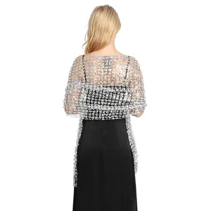 Back view of an elegant silver sequined tassel shawl for evening party dresses.