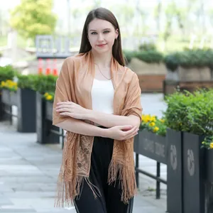 Elegant apricot lace shawl with floral patterns and fringe for formal evening dresses