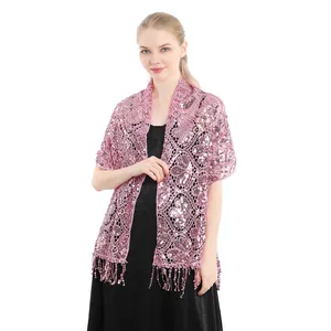 Elegant pink sequin lace shawl with fringe for evening party dresses and wedding guests