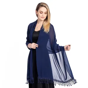Elegant navy blue chiffon shawl with delicate lace trim and tassels for evening wear
