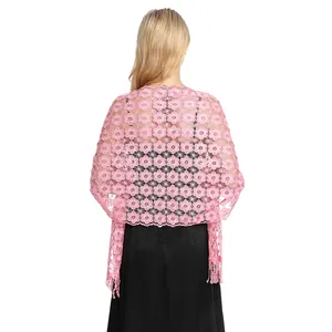 Floral embroidered pink lace shawl for evening dresses with fringe detail