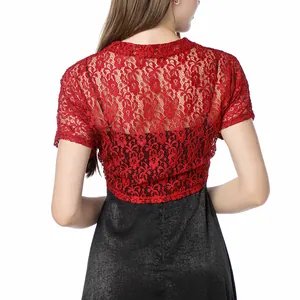 Rear view detail of a stylish red floral lace cropped bolero shrug for women's wear