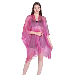 Pink shimmering metallic thread beach poncho with long fringe trim for summer style