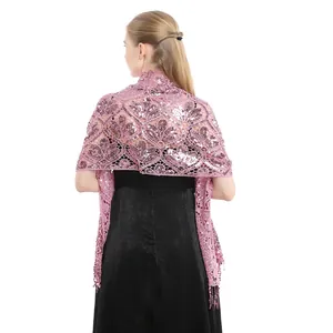 Back view of elegant pink sequined lace shawl with tassels for evening gowns