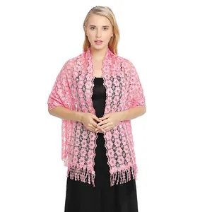 Elegant pink floral lace shawl wrap with tassels for evening dress