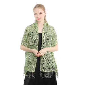 Elegant green sequined shawl with tassel fringe, perfect for evening party gowns and weddings.