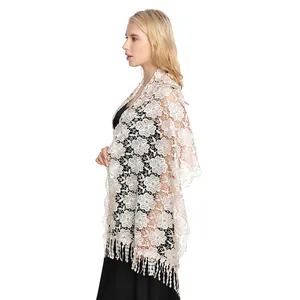 Elegant beige lace embroidered evening shawl with delicate floral pattern and fringes