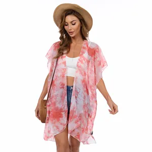 Elegante kimono de playa de gasa tie-dye rojo y blanco con mangas de murciélago