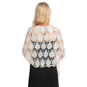 Back view detail of elegant white floral lace embroidered shawl for wedding evening gowns