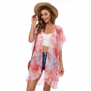 Kimono de playa de gasa con teñido anudado rojo y mangas murciélago para mujer