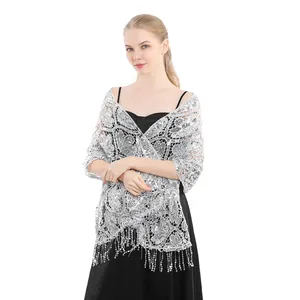 Elegant silver sequined lace fringe shawl for evening party dresses, detailed view shot.