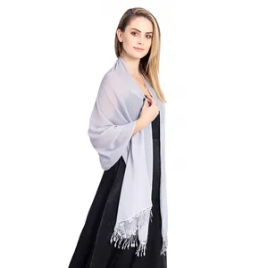 Elegant light grey chiffon shawl with lace fringe for evening dress and bridal gown